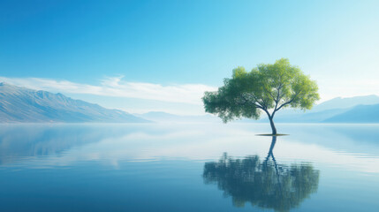 A modern and elegant depiction of a lone tree by an expansive reservoir,