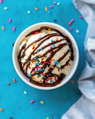 A top-down view of a vanilla ice cream sundae in a white bowl, drizzled with hot fudge and sprinkled with rainbow sprinkles, on a bright blue background.