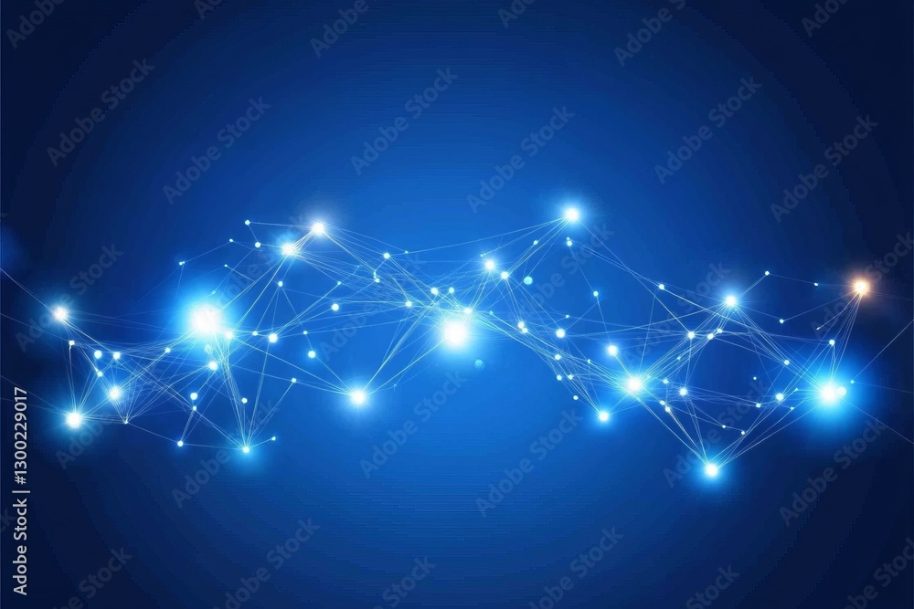 Poster a blue background with a bunch of lines and dots. network with blocks and connections on a dark back