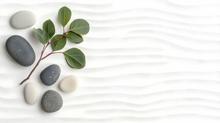 Smooth White Sand Texture with Stones and Green Branch on White Background