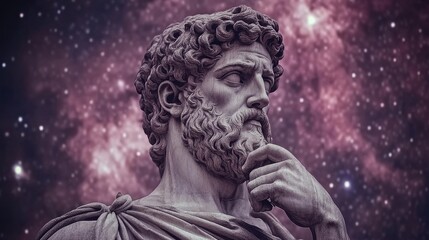 A thoughtful person ponders life surrounded by philosophical and artistic symbols, with studio lighting highlighting their introspective look
