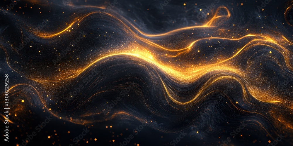 Poster dynamic golden waves flow through a dark cosmic background filled with shimmering particles