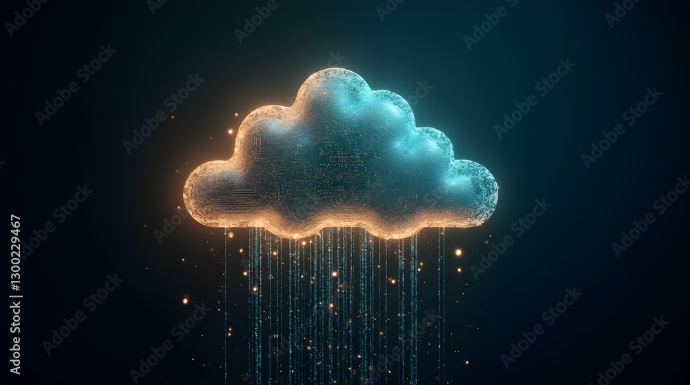 Aufkleber futuristic glowing digital cloud with rain of data particles - abstract neon technology render for c