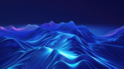This stunning digital illustration showcases an abstract mountainous terrain at night, illuminated by glowing blue waves, creating a serene and mystical atmosphere.
