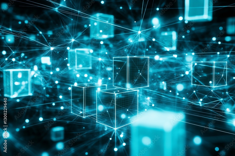 Aufkleber a blue image of many cubes with lines connecting them. network with blocks and connections on a dark