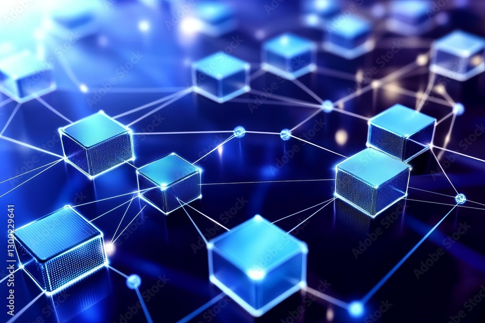Aufkleber a blue background with a network of cubes. network with blocks and connections on a dark background,