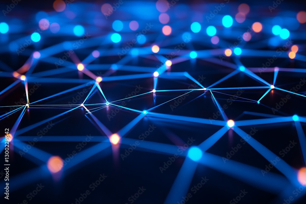 Poster a blue and orange line pattern with many small dots. network with blocks and connections on a dark b
