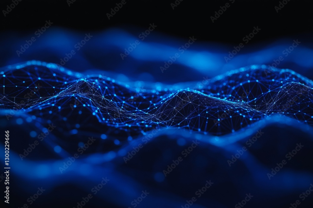Poster a blue wave with a lot of lines. network with blocks and connections on a dark background, a technol