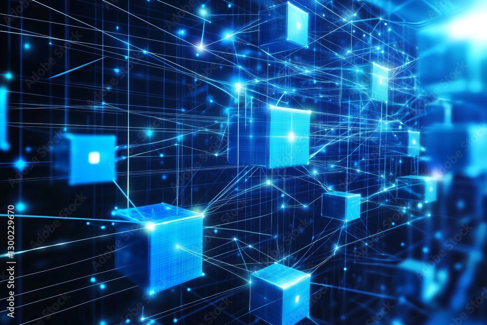 Poster a blue background with many blue cubes. network with blocks and connections on a dark background, a 