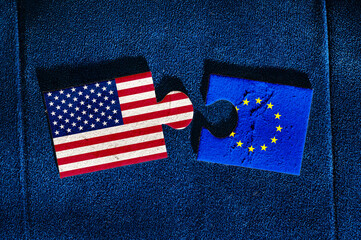 USA vs EU. Tensions Between the United States of America and European Union. Disconnected Puzzle Pieces Symbolize Broken Relations and Geopolitical Disputes.