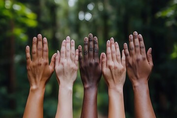 Hands Raised In Unity, Forest Backdrop