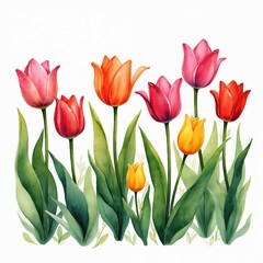 Watercolor painting garden of tulips and leaves isolated on white background. Colourful botanical nature illustration art. Floral hand-painted fresh decorative spring design, vibrant colors.