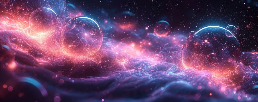 Abstract neon spheres in a cosmic and futuristic ethereal environment - Powered by Adobe