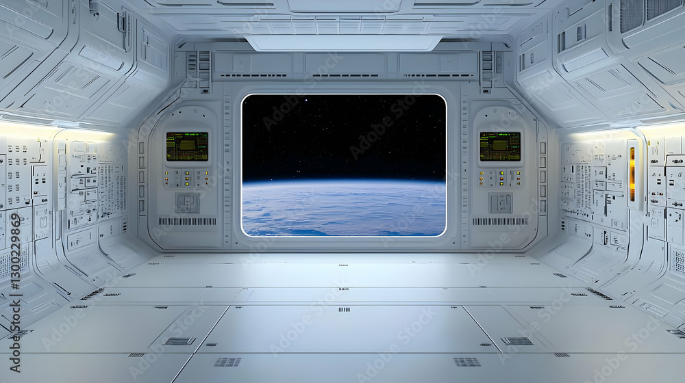 Aufkleber spacious spaceship interior with earth view through a window and starry sky in background