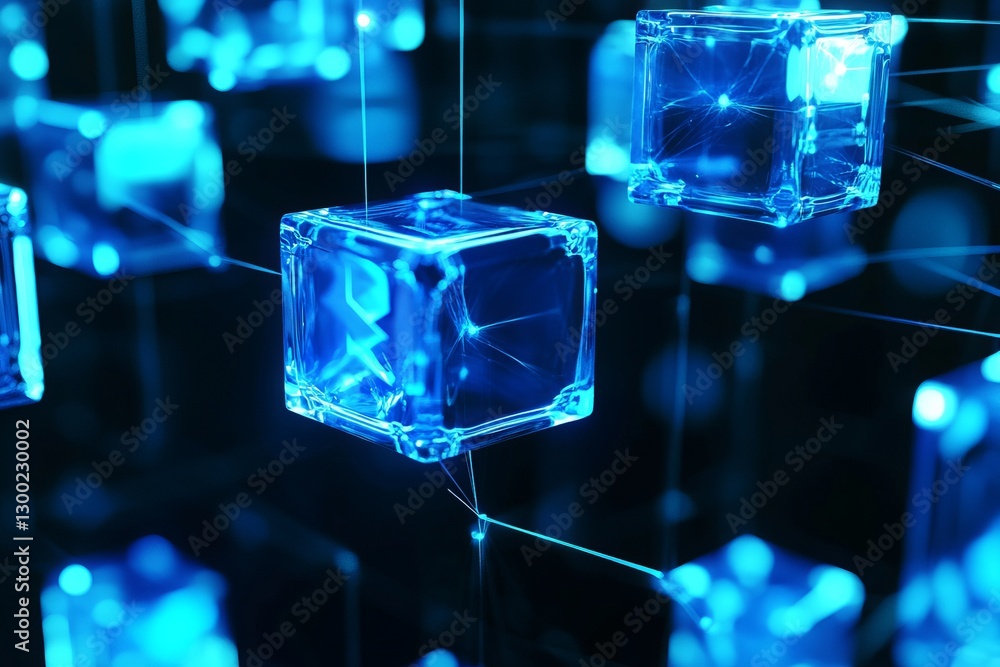 Poster a blue cube with the letters x and y on it. network with blocks and connections on a dark background