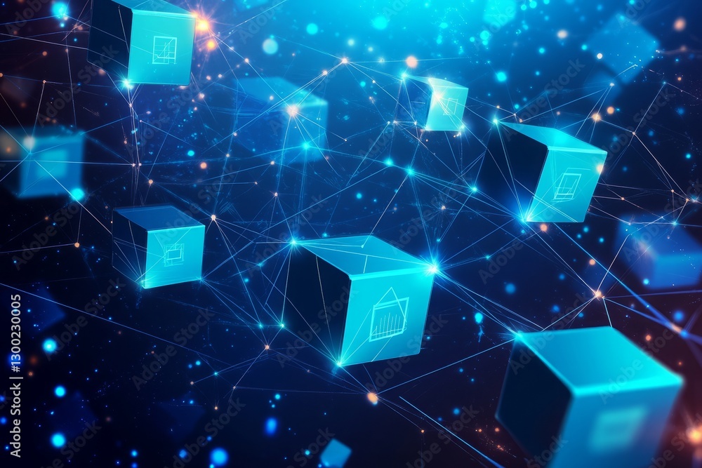 Poster a blue background with a bunch of cubes on it. network with blocks and connections on a dark backgro