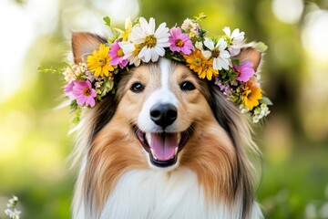 Cute adult dog shetland sheepdog wearing untamed flower crown on its head. Sunny daylight. Holiday season happiness. Puppy celebrating summer. Radiant summer joy for pets. Happy pet in summer.