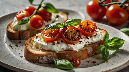 A luxurious version of bruschetta with creamy burrata cheese, roasted cherry tomatoes, fresh basil, and a drizzle of truffle oil on sourdough toast.