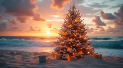 Tropical Beach Christmas Tree at Sunset with Presents Holiday Vacation