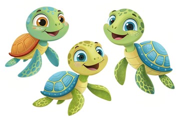 Obraz premium Cute 3D Happy Sea Turtle Trio – Playful and Lively Marine Characters