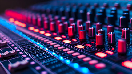 Close Up Of Illuminated Audio Mixer Console With Red And Blue Lights