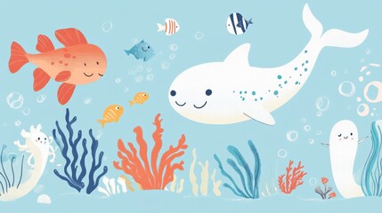 Fototapeta premium A whimsical undersea scene with various smiling cartoon sea creatures