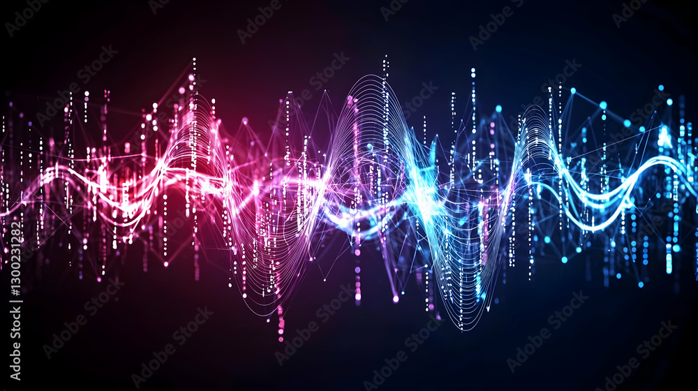 Poster abstract digital waveform visualization with blue and pink gradient on black background