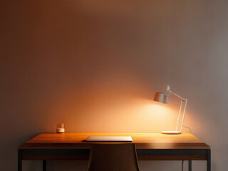 真っ白い壁の背景にウォールウッドの机