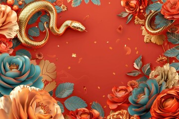 Gold snake with flowers on red for festive lunar new year celebration, spring background design
