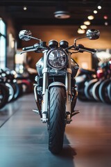 Fototapeta premium Motorcycle showroom with front view looking straight at the motorcycle.