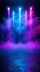 Colorful stage lights illuminate foggy atmosphere for live performances or events