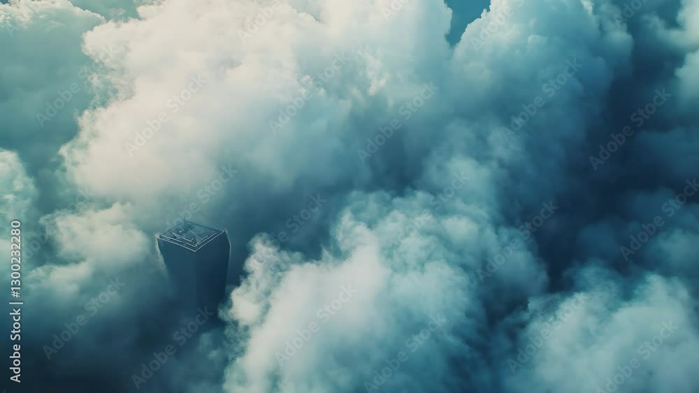 Poster Clouds gently enveloping the Freedom Tower in a serene aerial view during daylight hours, Dolly in aerial of freedom tower; cloudscape; slow and smooth