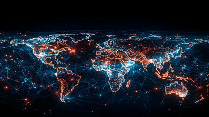 Fototapeta premium Digital World Map Depicting Network Connections with Blue and Orange Light Points in Dark Space