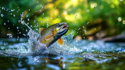 Leaping Trout: Vibrant Aquatic Scene in Lush Nature