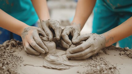 A collaborative effort in sculpting clay, showcasing hands working together in a creative and artistic process.