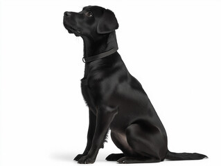 Sleek black labrador retriever sitting patiently on a white background observing its surroundings attentively