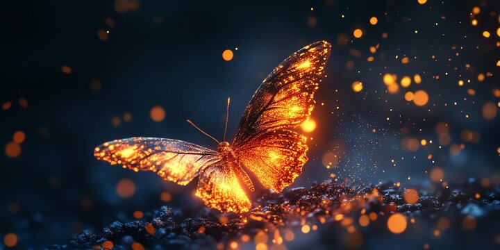 Glowing Butterfly with Sparkling Light Effect on Dark Background Design