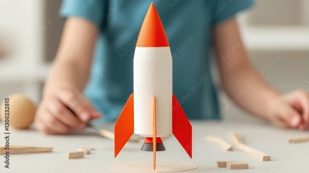 Poster a child is assembling a colorful rocket model using wooden pieces, showcasing creativity and hands-o