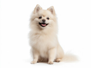 Obraz premium Playful white Pomeranian dog with fluffy fur sitting against a plain background