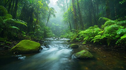 Obraz premium Serene Rainforest Stream: Mossy Rocks and Lush Greenery in Misty Tranquility