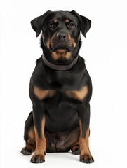 Obraz premium Rottweiler seated confidently against a plain background showcasing its strong physique and charming demeanor