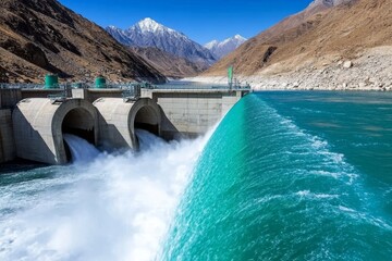 A hydroelectric dam with large spinning turbines generating electricity