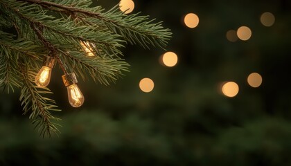 Warm-Toned String Lights on Pine Branch with Bokeh Background
