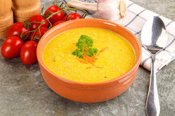 Vegetarian corn cream soup served parsley