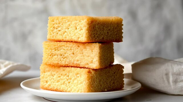 Delicious cornbread squares stacked on a white plate against a light background