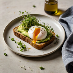 A slice of whole-grain toast topped with mashed avocado, a poached egg, and microgreens