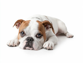 Obraz premium Bulldog rests on white surface looking relaxed 