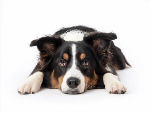 Black and tan dog resting on clean white surface with a calm expression and attentive eyes - Powered by Adobe