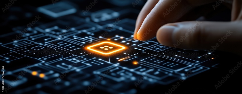 Poster hand reaching for bright display square on high-tech digital circuit background