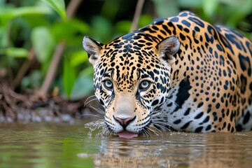 Obraz premium A jaguar drinking from a jungle river, its reflection shimmering in the water
